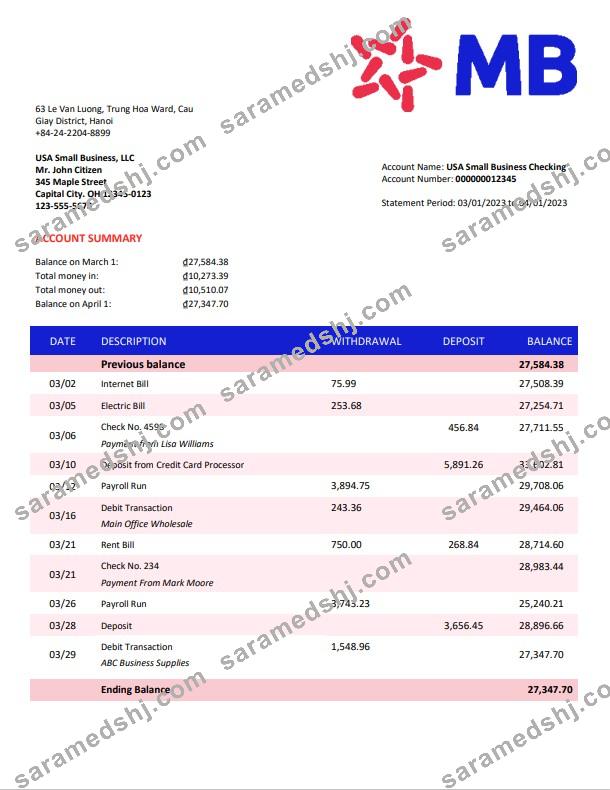 MB Bank company statement Word and PDF template